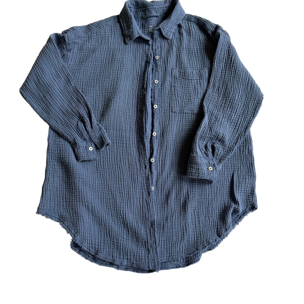Aerie Blue Gauzy Coverup Shirt Oversized Textured Frayed Hem Button Down XS